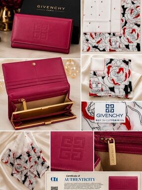 Authentic Givenchy Burgundy Leather Wallet, COA Floral Givenchy Silk Handkerchip